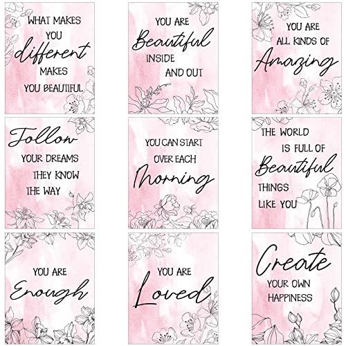 9 Pieces Inspirational Wall Decor Pink Floral Modern Art Motivational Pink Wall Decor Room Decor for Women Quote Wall Art Poster for Teen Girl Nursery Bedroom Bathroom Pictures, 8 x 10 Inch Unframed