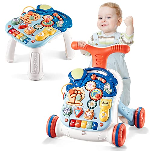 Baby Learning Walker 3 in 1 Sit-to-Stand Learning Walker Kids Activity Center with Weight Gain Design Table Lights Music Phone Multifunction Educational Push Toy for Toddlers Boys Girls (Colorful)