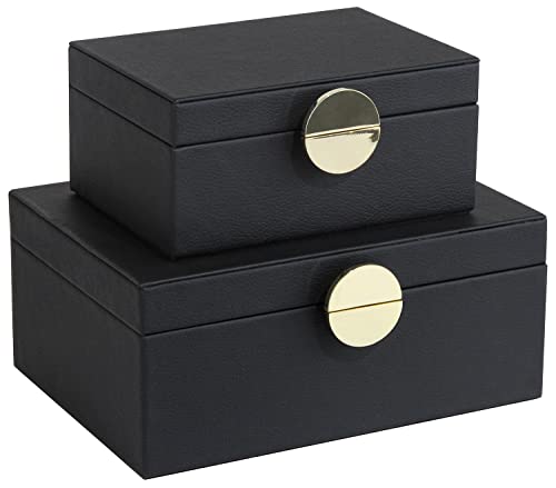 HofferRuffer Faux Leather Jewelry Boxes, Decorative Boxes Storage Accessory Organizer with Gold Hardware Decor, Classic Vegan Leather Set of 2 Pieces (Black)