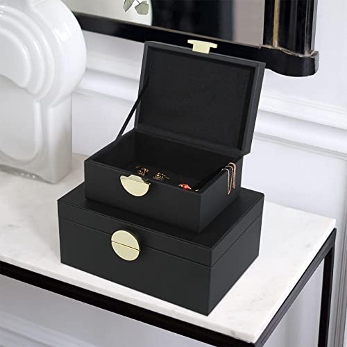 HofferRuffer Faux Leather Jewelry Boxes, Decorative Boxes Storage Accessory Organizer with Gold Hardware Decor, Classic Vegan Leather Set of 2 Pieces (Black)