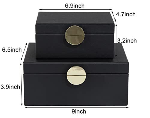 HofferRuffer Faux Leather Jewelry Boxes, Decorative Boxes Storage Accessory Organizer with Gold Hardware Decor, Classic Vegan Leather Set of 2 Pieces (Black)