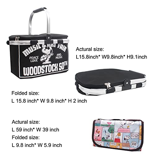 Finex Black Snoopy Picnic Set - Foldable Picnic Basket + Reusable Blanket Mat for Camping Hiking Outdoor Concert Theme Park Travel Day Trip