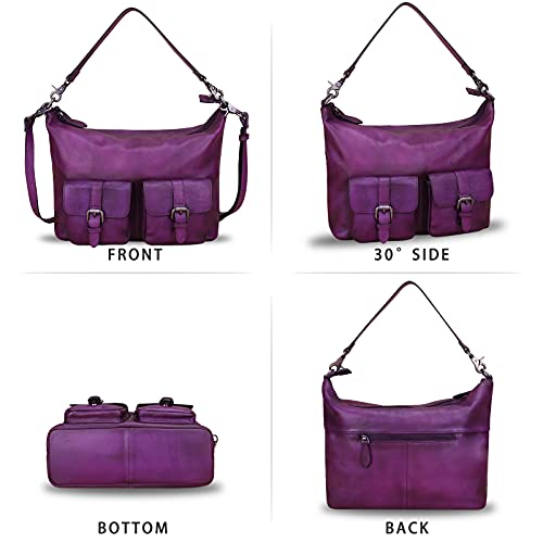 Genuine Leather Handbags for Women Handmade Purses Top Handle Shoulder Bag Vintage Style Real Leather Crossbody Hobo Satchel (Purple)