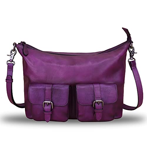 Genuine Leather Handbags for Women Handmade Purses Top Handle Shoulder Bag Vintage Style Real Leather Crossbody Hobo Satchel (Purple)