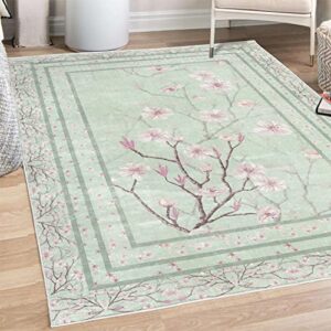ambesonne apple blossom decorative rug, flowers and blooming spring season branches nature garden romance, quality carpet for bedroom dorm and living room, 5′ 1″ x 7′ 5″, mint green and pink