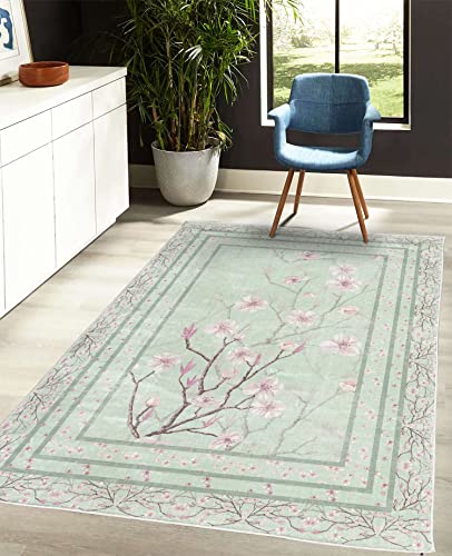 Ambesonne Apple Blossom Decorative Rug, Flowers and Blooming Spring Season Branches Nature Garden Romance, Quality Carpet for Bedroom Dorm and Living Room, 5' 1" X 7' 5", Mint Green and Pink