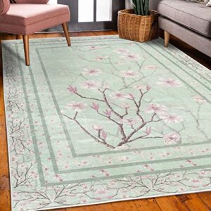 Ambesonne Apple Blossom Decorative Rug, Flowers and Blooming Spring Season Branches Nature Garden Romance, Quality Carpet for Bedroom Dorm and Living Room, 5' 1" X 7' 5", Mint Green and Pink