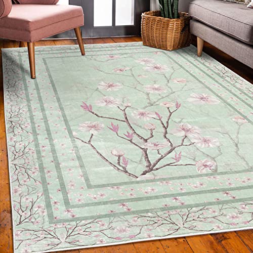 Ambesonne Apple Blossom Decorative Rug, Flowers and Blooming Spring Season Branches Nature Garden Romance, Quality Carpet for Bedroom Dorm and Living Room, 5' 1" X 7' 5", Mint Green and Pink