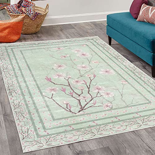 Ambesonne Apple Blossom Decorative Rug, Flowers and Blooming Spring Season Branches Nature Garden Romance, Quality Carpet for Bedroom Dorm and Living Room, 5' 1" X 7' 5", Mint Green and Pink