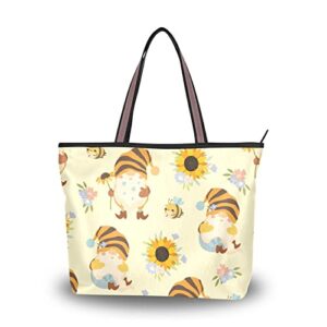 tote bag aesthetic (gnomes bees), large capacity zipper women grocery bags purse for daily life 2 sizes