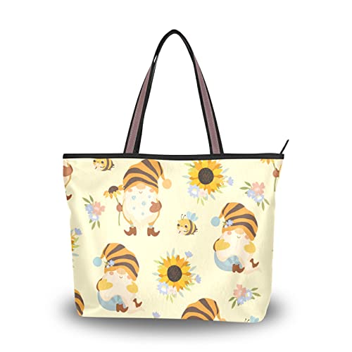 Tote Bag Aesthetic (Gnomes Bees), Large Capacity Zipper Women Grocery Bags Purse for Daily Life 2 Sizes