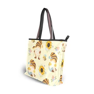 Tote Bag Aesthetic (Gnomes Bees), Large Capacity Zipper Women Grocery Bags Purse for Daily Life 2 Sizes