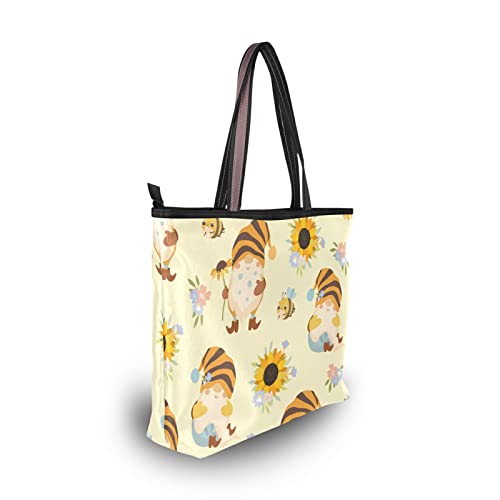 Tote Bag Aesthetic (Gnomes Bees), Large Capacity Zipper Women Grocery Bags Purse for Daily Life 2 Sizes