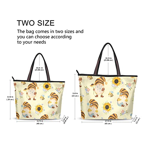 Tote Bag Aesthetic (Gnomes Bees), Large Capacity Zipper Women Grocery Bags Purse for Daily Life 2 Sizes