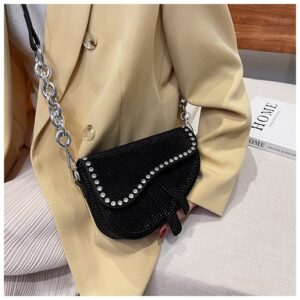 PURFANREE Women Studded Saddle Shoulder Bag Shining Rhinestone Clutch Purse Underarm Handbag Satchel Rivet Crossbody Bag