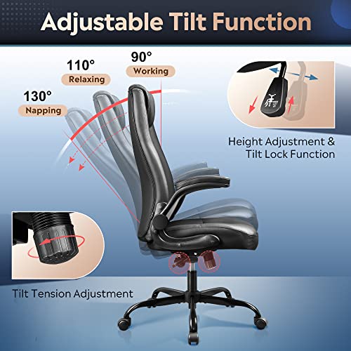 DEVAISE Computer Office Chair, High Back Ergonomic Desk Chair with Adjustable Flip-up Armrests, Lumbar Support and Thick Headrest, Executive Suede Fabric Swivel Task Chair, Black