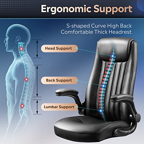 DEVAISE Computer Office Chair, High Back Ergonomic Desk Chair with Adjustable Flip-up Armrests, Lumbar Support and Thick Headrest, Executive Suede Fabric Swivel Task Chair, Black