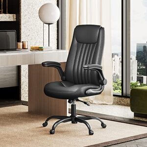 DEVAISE Computer Office Chair, High Back Ergonomic Desk Chair with Adjustable Flip-up Armrests, Lumbar Support and Thick Headrest, Executive Suede Fabric Swivel Task Chair, Black