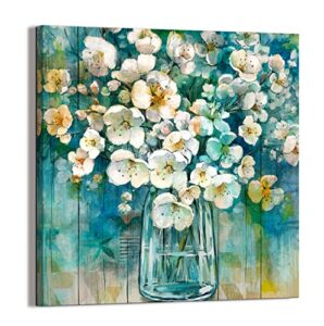 bathroom decor canvas print picture wall art teal blue theme modern home flower artwork suitable for dining room, bedroom, bathroom, office wall decoration