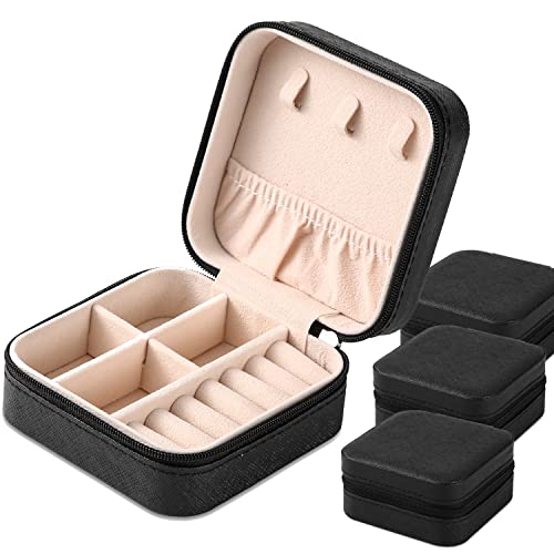 Portable Travel Mini Jewelry Box Leather Jewellery Ring Organizer Case Storage Gift Box Girls Women (4pcs black).