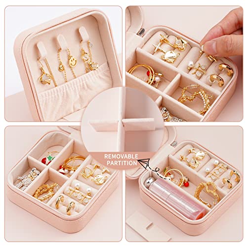 Portable Travel Mini Jewelry Box Leather Jewellery Ring Organizer Case Storage Gift Box Girls Women (2pcs pink).