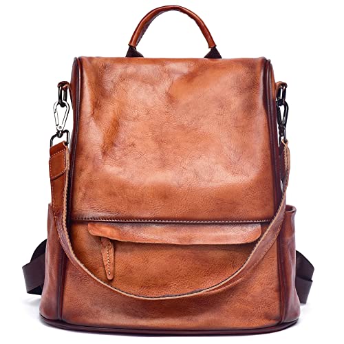 WANLIJIN Women's Fashion retro Backpack Purse Multipurpose Design Convertible Satchel Handbags and Shoulder Bag Genuine Leather Travel bag (Brown)