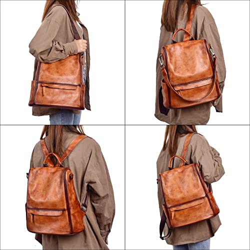 WANLIJIN Women's Fashion retro Backpack Purse Multipurpose Design Convertible Satchel Handbags and Shoulder Bag Genuine Leather Travel bag (Brown)