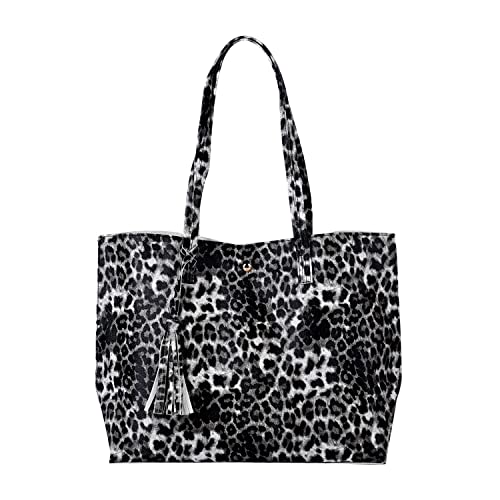 Shop LC PASSAGE Women Gray Leopard Pattern Soft Faux Leather Tote Shoulder Bag with Tassel