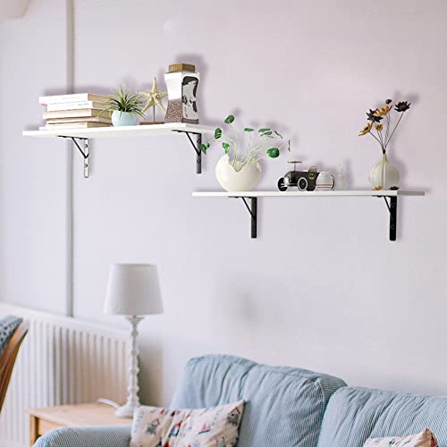 AZZUTORK Floating Shelves Set of 2, 31 Inches Large Wall Storage Shelves with Metal Bracket Hanging Weight Bearing Shelves for Book, Pictures, Towels Use for Living Room, Kitchen, Office-White