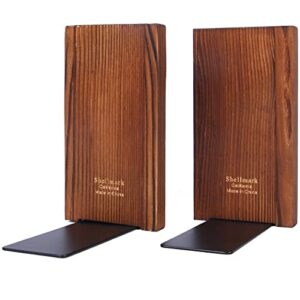shellmark wood bookends, home office book stand, heavy metal base (carbonized brown)