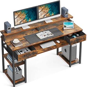 odk computer desk, 55” office desk with keyboard tray, writting desk with drawers and monitor stand, study table with cpu stand and removable shelf for storage, rustic brown(vintage)