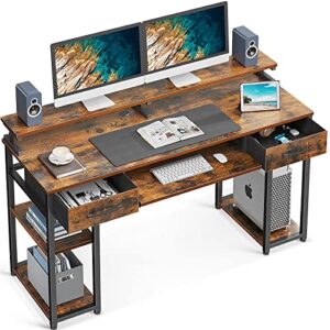 ODK Computer Desk, 55'' Office Desk with Keyboard Tray, Writting Desk with Drawers and Monitor Stand, Study Table with CPU Stand and Removable Shelf for Storage, Rustic Brown(Vintage)