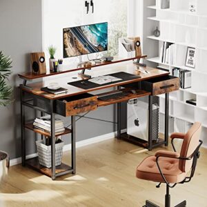 ODK Computer Desk, 55'' Office Desk with Keyboard Tray, Writting Desk with Drawers and Monitor Stand, Study Table with CPU Stand and Removable Shelf for Storage, Rustic Brown(Vintage)