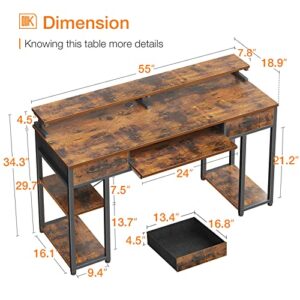ODK Computer Desk, 55'' Office Desk with Keyboard Tray, Writting Desk with Drawers and Monitor Stand, Study Table with CPU Stand and Removable Shelf for Storage, Rustic Brown(Vintage)