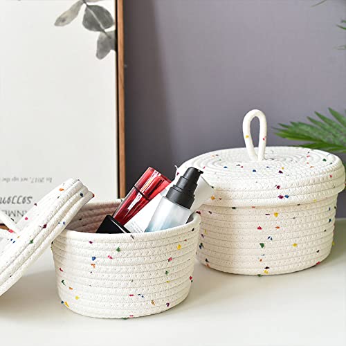 KHBNHJ Cotton Rope Storage Basket Small Woven Basket with Lid Multifunctional Storage Bins Woven White 7.1 x 4.7 in