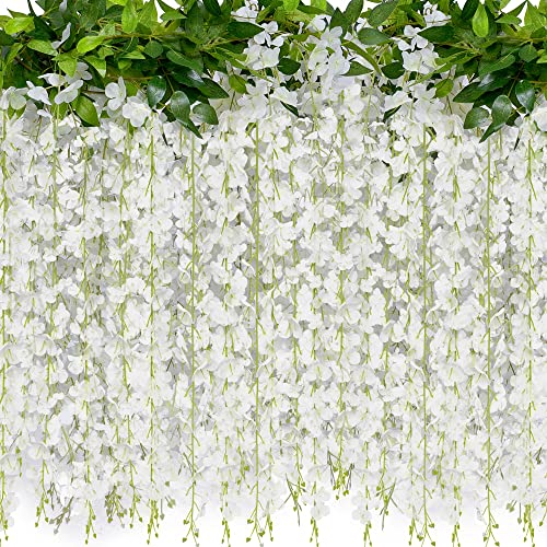 JACKYLED 40 Branches Wisteria Hanging Flowers 6 Feet Artificial White Wisteria Vine Silk Wisteria Flowers Garland for Wedding Arch Party Garden Home Decor (4 Packs)