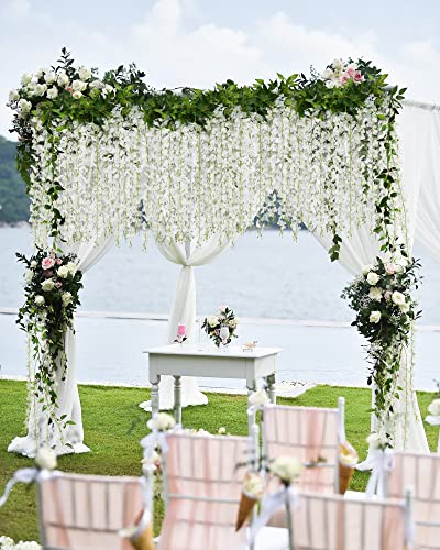 JACKYLED 40 Branches Wisteria Hanging Flowers 6 Feet Artificial White Wisteria Vine Silk Wisteria Flowers Garland for Wedding Arch Party Garden Home Decor (4 Packs)