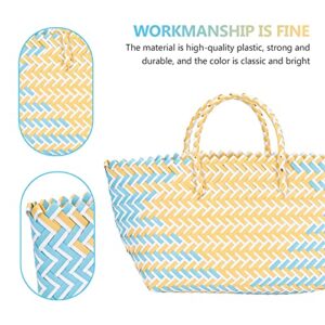 Yardwe Hand- Woven Straw Handbag Bag Wicker Handbag Basket Purse Retro Women Straw Tote Blue+ Yello