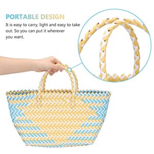 Yardwe Hand- Woven Straw Handbag Bag Wicker Handbag Basket Purse Retro Women Straw Tote Blue+ Yello