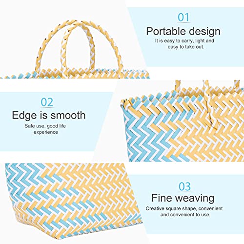 Yardwe Hand- Woven Straw Handbag Bag Wicker Handbag Basket Purse Retro Women Straw Tote Blue+ Yello