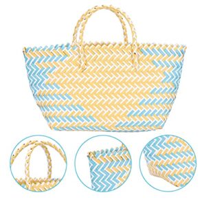 Yardwe Hand- Woven Straw Handbag Bag Wicker Handbag Basket Purse Retro Women Straw Tote Blue+ Yello