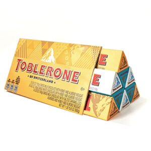 toblerone swiss chocolate gift set, milk chocolate, white chocolate & crunchy salted caramelized almond, 9 – 3.52 oz bars