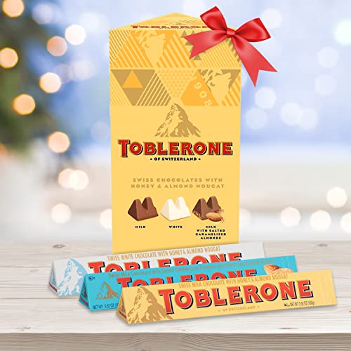 Toblerone Swiss Chocolate Gift Set, Milk Chocolate, White Chocolate & Crunchy Salted Caramelized Almond, 9 - 3.52 oz Bars