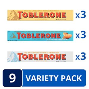 Toblerone Swiss Chocolate Gift Set, Milk Chocolate, White Chocolate & Crunchy Salted Caramelized Almond, 9 - 3.52 oz Bars