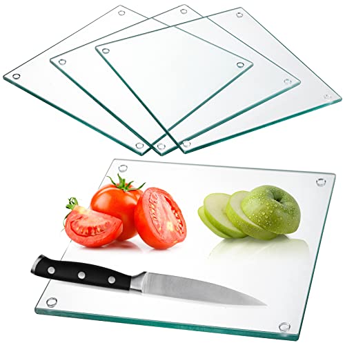 Hacaroa Set of 4 Tempered Glass Cutting Board, 10"x10" Square Chopping Board with Rubber Feet, Non-slip Glass Tray for Kitchen Countertop, Long Lasting, Shatter-Resistant, Dishwasher Safe, Clear