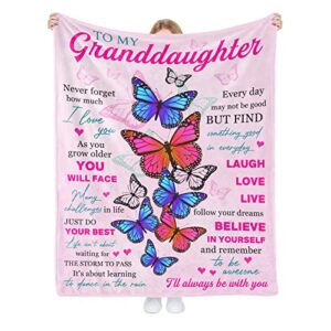 Granddaughter Gifts from Grandma Grandpa to My Granddaughter Butterfly Blanket with Positive Encourage and Love Words Printed Birthday Christmas Graduation Gift for Her (60"x50")