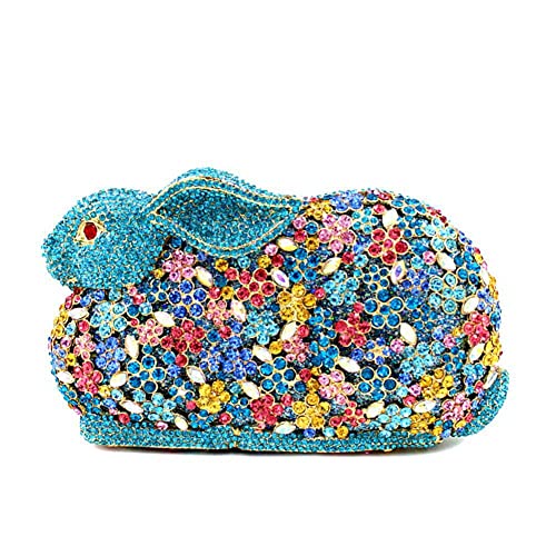 DEBIMY Lovely Rabbit Rhinestone Handbags Bling Animal Crystal Clutch Purse Wedding Cocktail Party Evening Bags for Women Blue