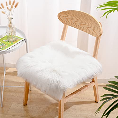 Soft Faux Sheepskin Chair Cushion, White 1.6' x 1.6' Square Fluffy Faux Fur Area Rug, Bedroom Seat Cushion Throw Chair Cover for Living Room Dorm Sofa Decor