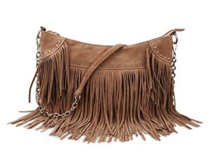 hoxis studded tassel faux suede leather hobo cross body chain shoulder bag women’s satchel (brown)