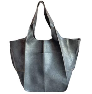 oversized soft leather shoulder bag foldable hobo bag weekend travel tote (grey)